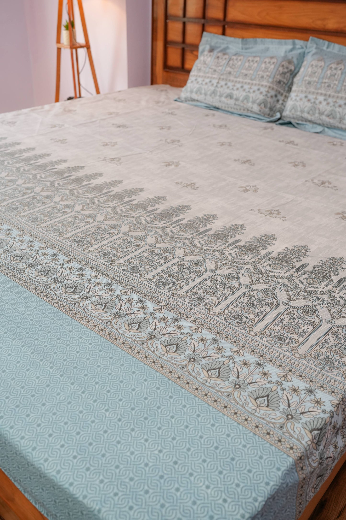 Floral & Geometric Print Cotton Bedsheet (Blue)