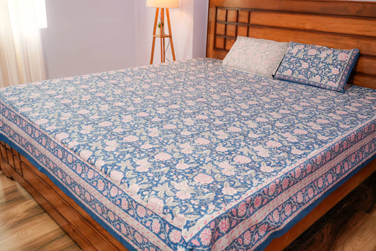Pinky Floral Hand block cotton Bedsheet (Blue)