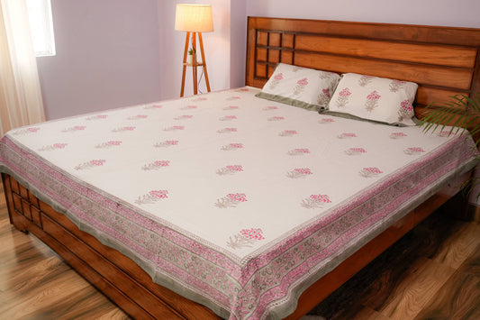 Botanical Pattern Hand block Cotton Bedsheet (White)