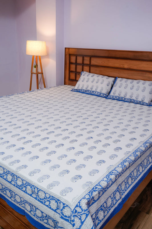 Paisley Print Hand Block Cotton Bedsheet (White)