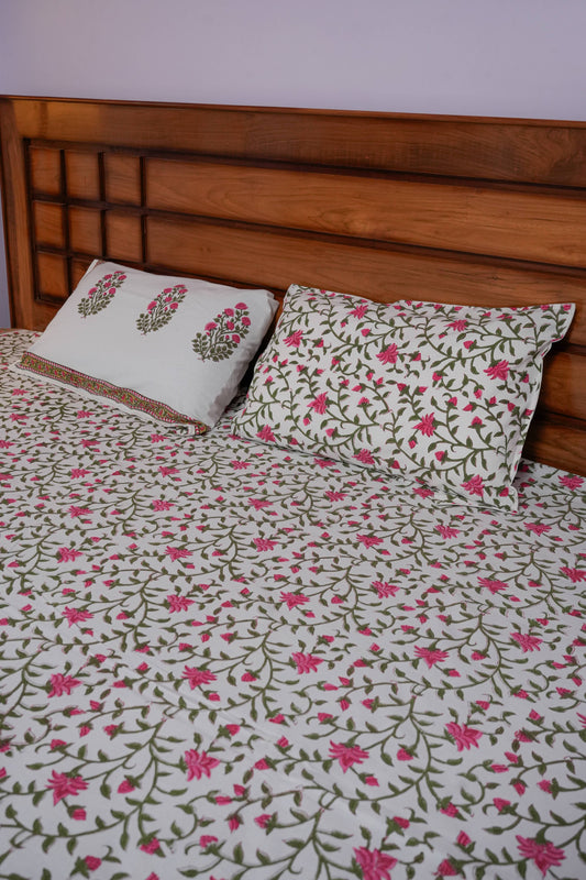 Pink Lilly Hand Block Cotton Bedsheet (White)