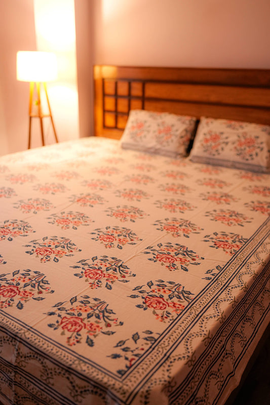 Rose Pattern Hand Block Cotton Bedsheet (White)