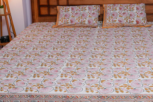 Yellow Floral Hand Block Cotton Bedsheet (White Base)