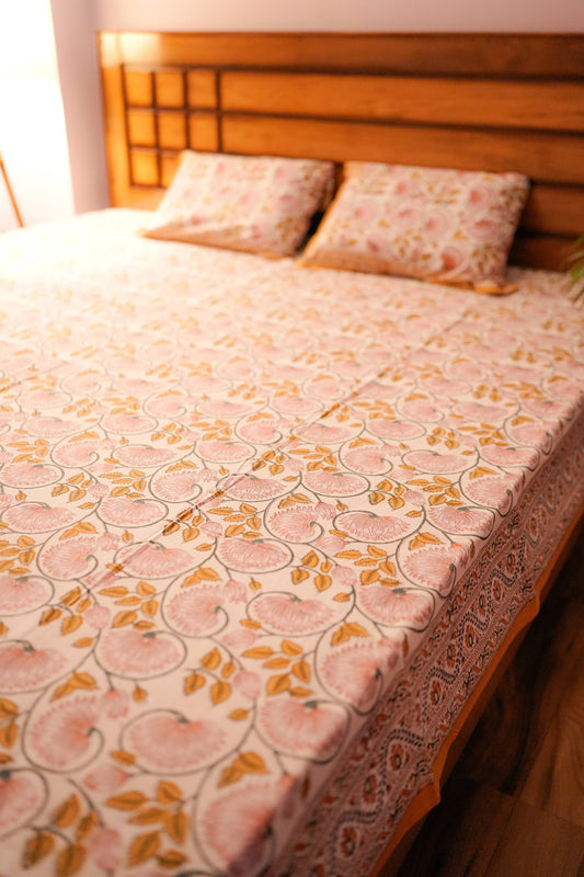 Yellow Floral Hand Block Cotton Bedsheet (White Base)