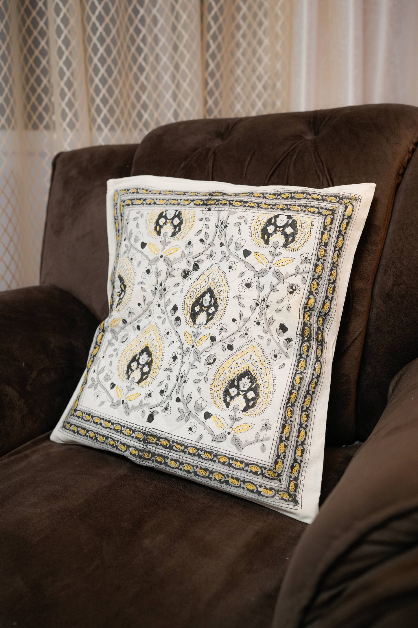 Grey Floral Hand Block Quilted Cushion Cover (Set of 5)
