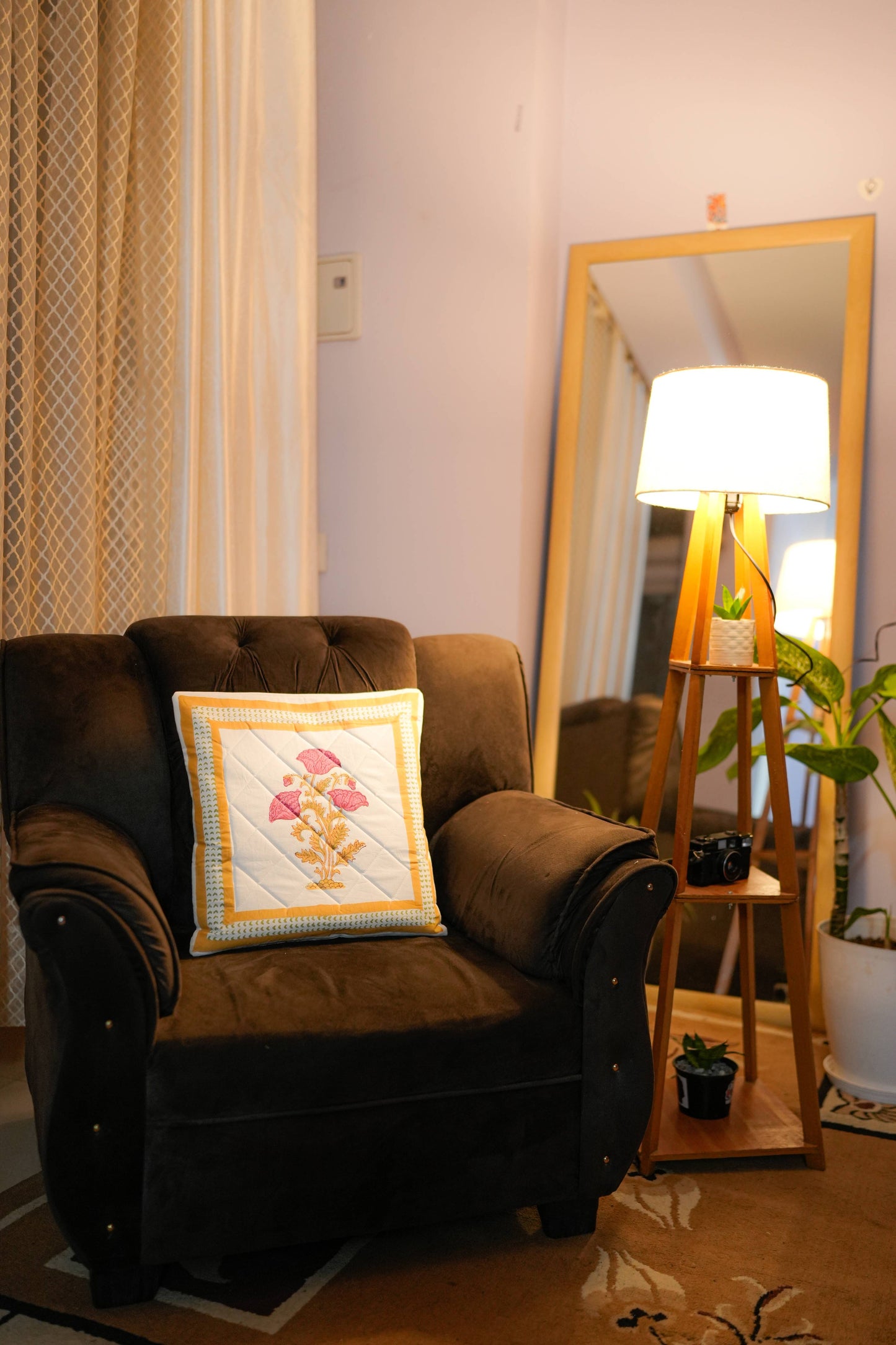 Pink Floral Motif Hand Block Quilted Cushion Cover (Set of 5)