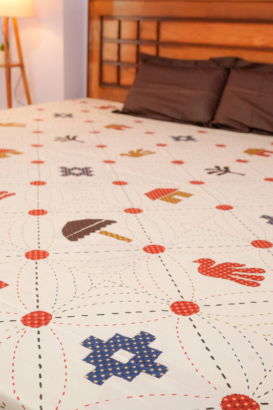 Gujri patch Cotton Bedsheet (Off White)