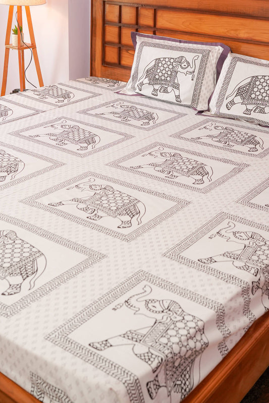 Elephant Print Cotton Bedsheet (White)