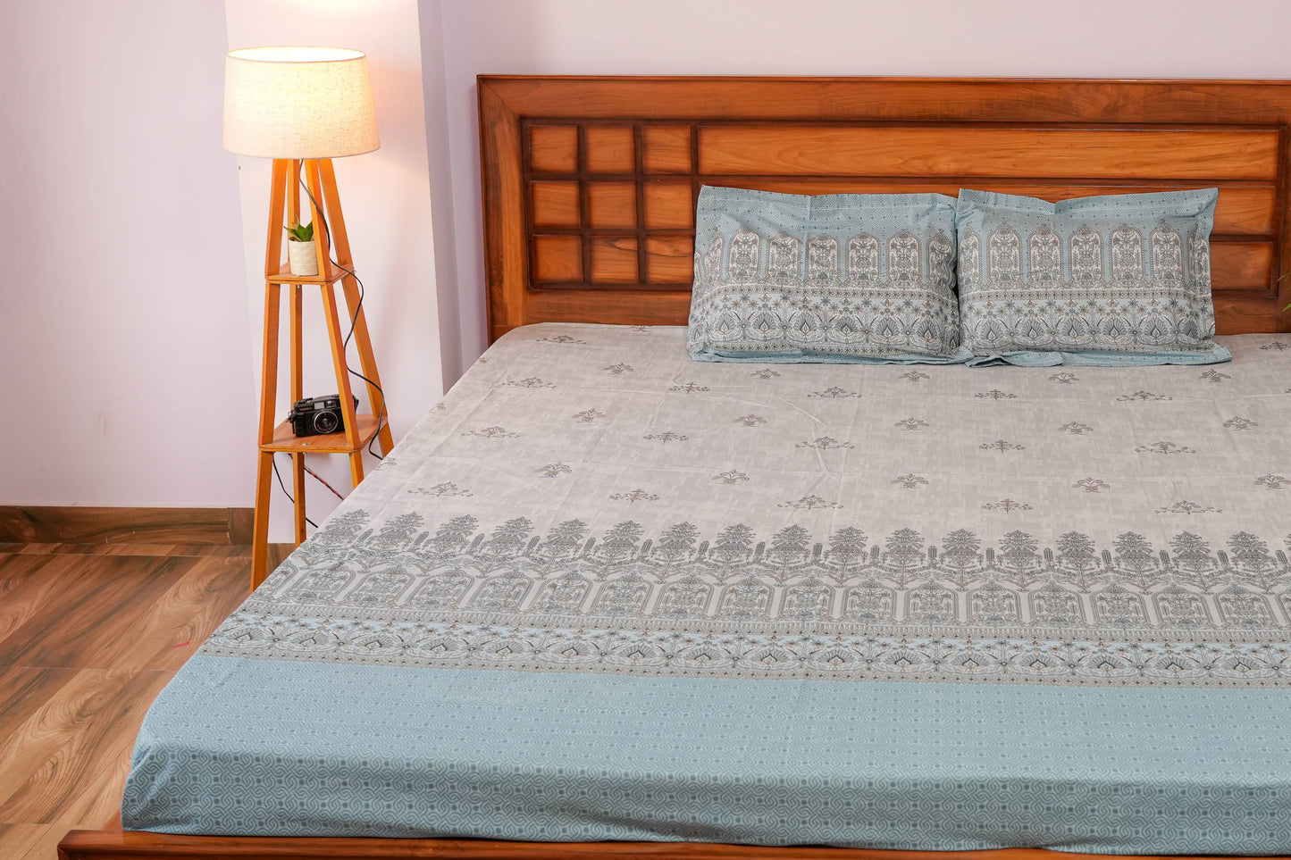 Floral & Geometric Print Cotton Bedsheet (Blue)