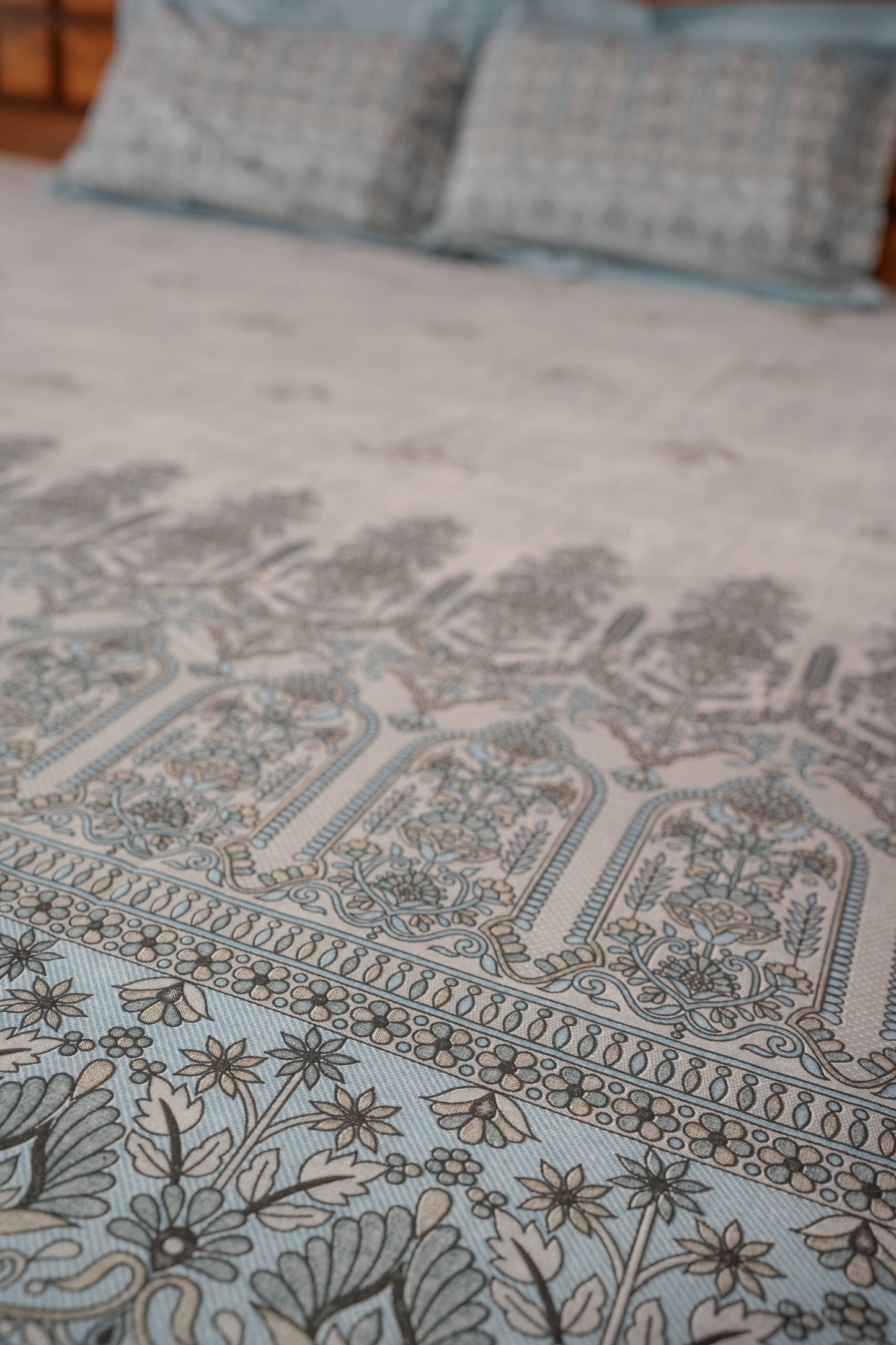 Floral & Geometric Print Cotton Bedsheet (Blue)