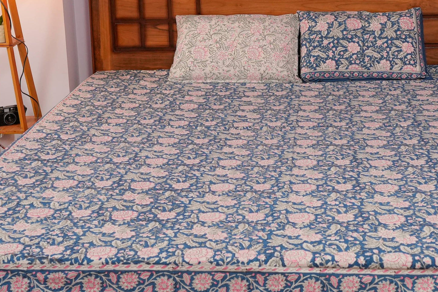 Pinky Floral Hand block cotton Bedsheet (Blue)