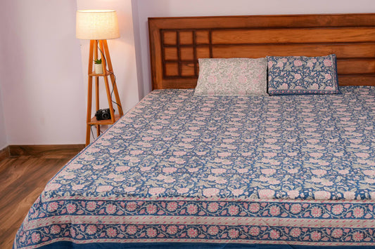 Pinky Floral Hand block cotton Bedsheet (Blue)