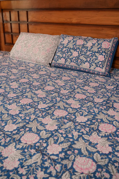 Pinky Floral Hand block cotton Bedsheet (Blue)