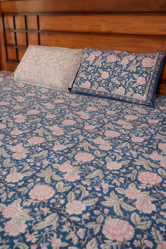 Pinky Floral Hand block cotton Bedsheet (Blue)