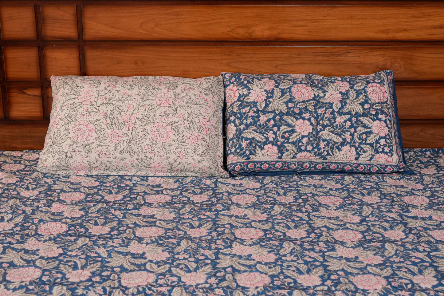 Pinky Floral Hand block cotton Bedsheet (Blue)