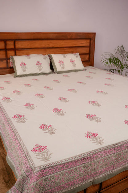 Botanical Pattern Hand block Cotton Bedsheet (White)