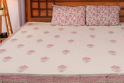 Botanical Pattern Hand block Cotton Bedsheet (White)