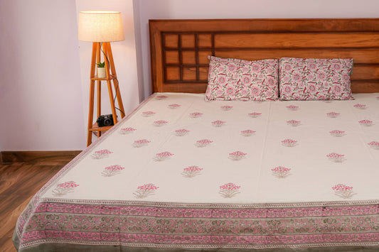 Botanical Pattern Hand block Cotton Bedsheet (White)