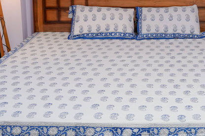 Paisley Print Hand Block Cotton Bedsheet (White)