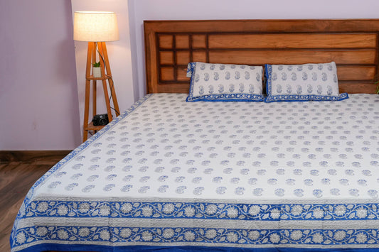 Paisley Print Hand Block Cotton Bedsheet (White)