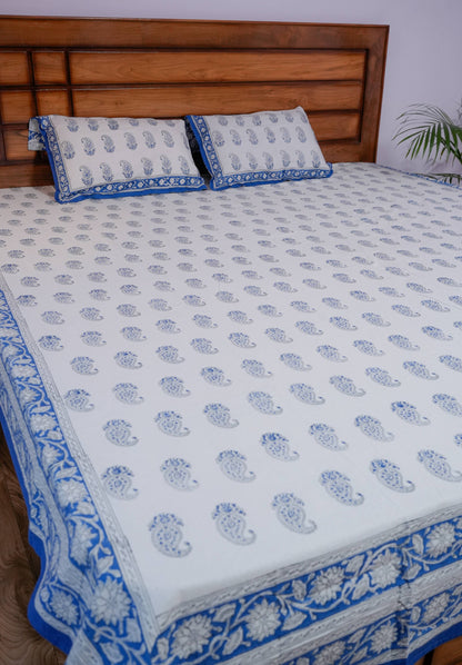 Paisley Print Hand Block Cotton Bedsheet (White)