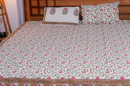 Pink Lilly Hand Block Cotton Bedsheet (White)