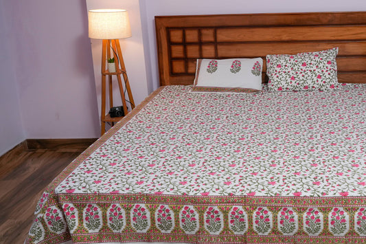 Pink Lilly Hand Block Cotton Bedsheet (White)