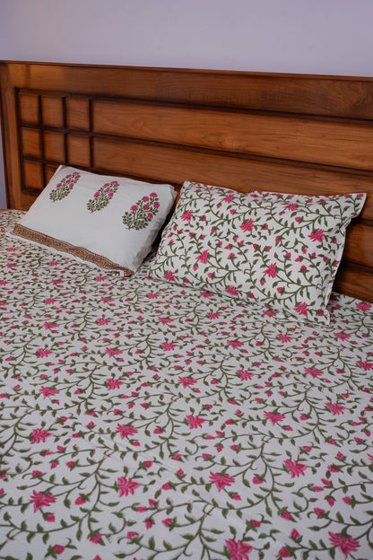 Pink Lilly Hand Block Cotton Bedsheet (White)