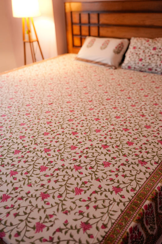 Pink Lilly Hand Block Cotton Bedsheet (White)