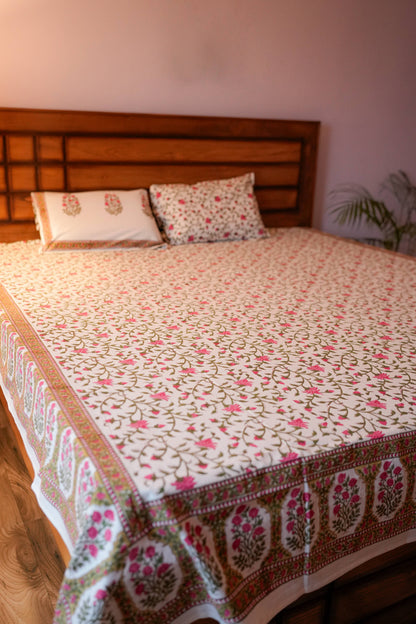 Pink Lilly Hand Block Cotton Bedsheet (White)
