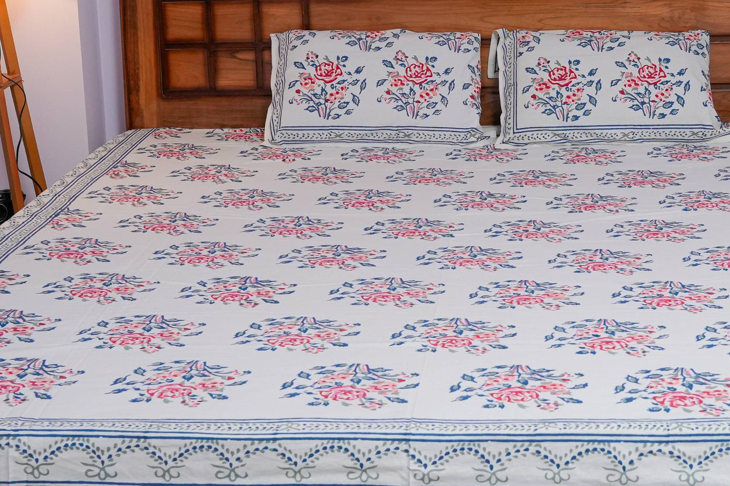 Rose Pattern Hand Block Cotton Bedsheet (White)