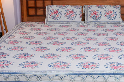 Rose Pattern Hand Block Cotton Bedsheet (White)
