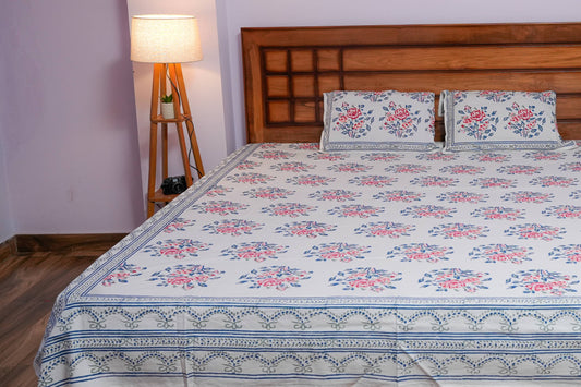 Rose Pattern Hand Block Cotton Bedsheet (White)