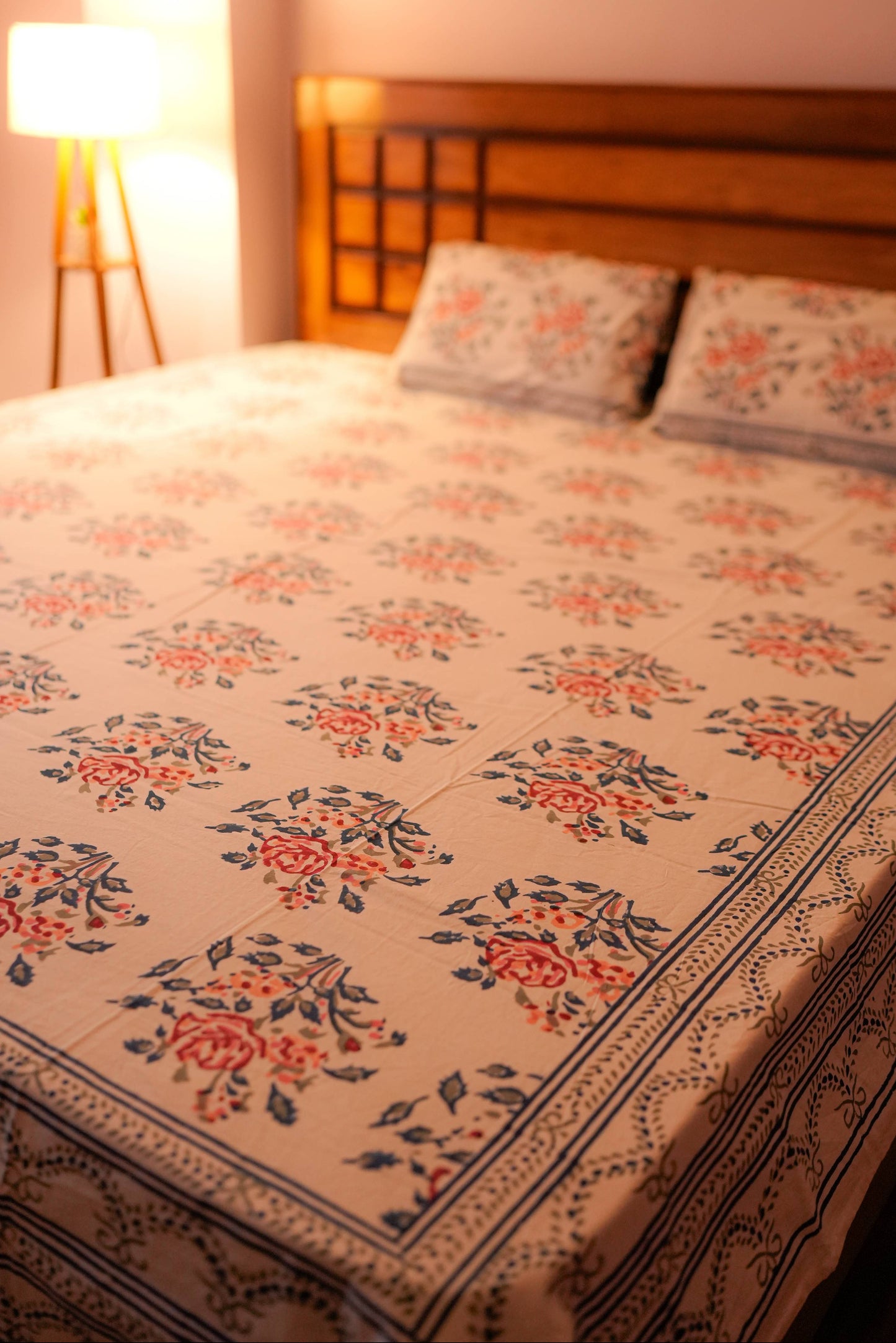 Rose Pattern Hand Block Cotton Bedsheet (White)
