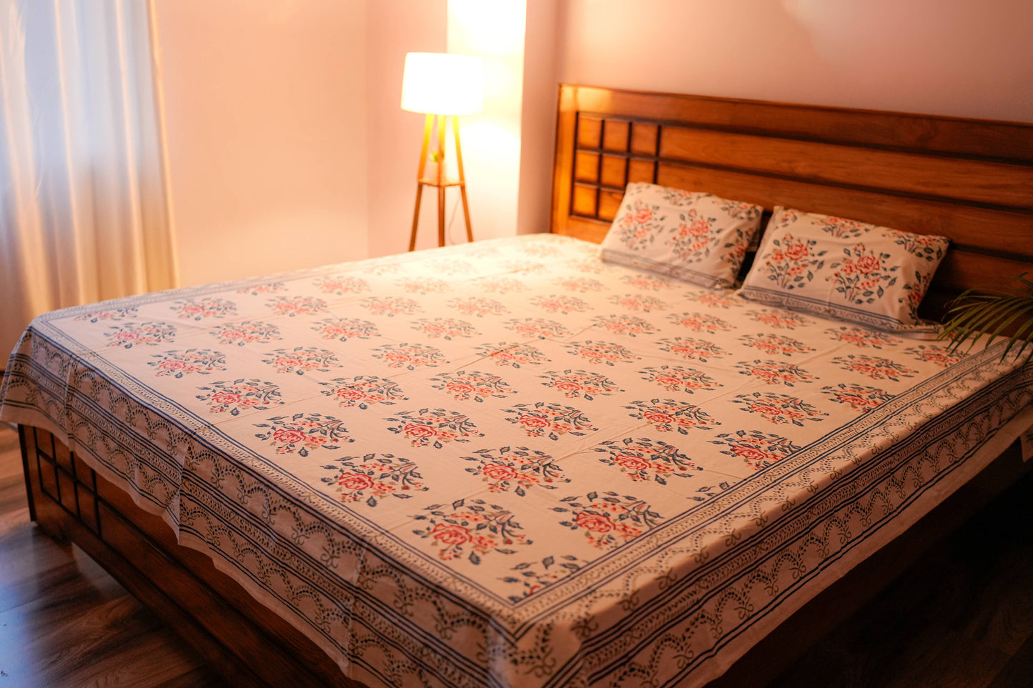 Rose Pattern Hand Block Cotton Bedsheet (White)