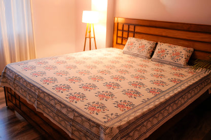 Rose Pattern Hand Block Cotton Bedsheet (White)