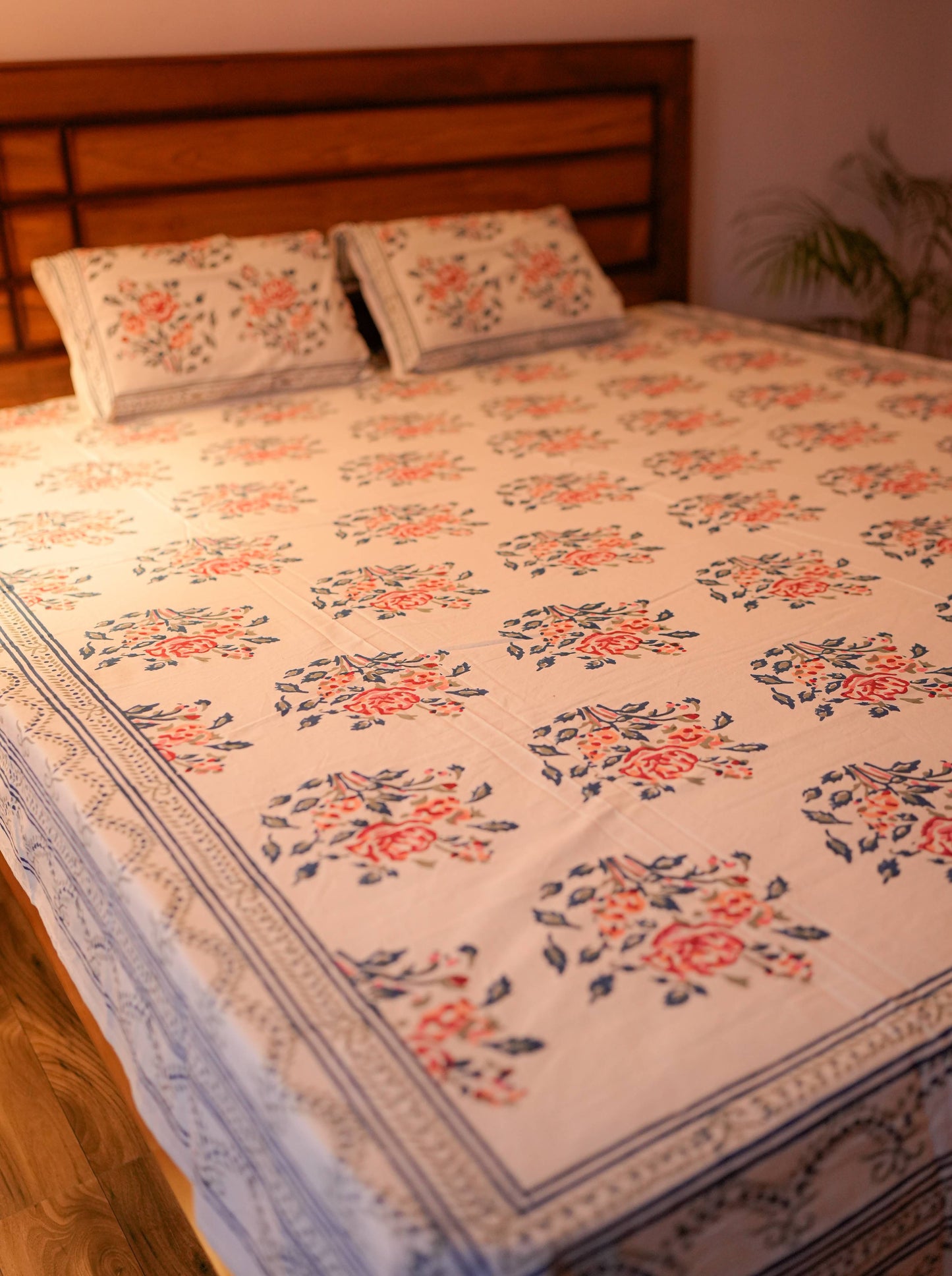 Rose Pattern Hand Block Cotton Bedsheet (White)