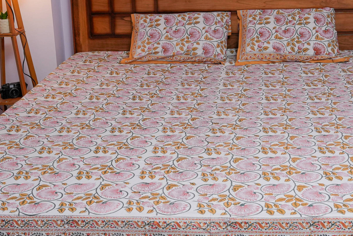 Yellow Floral Hand Block Cotton Bedsheet (White Base)