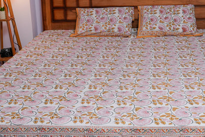 Yellow Floral Hand Block Cotton Bedsheet (White Base)