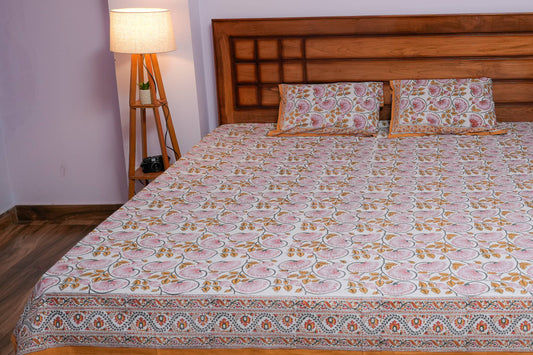 Yellow Floral Hand Block Cotton Bedsheet (White Base)