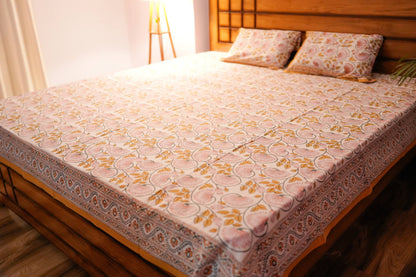 Yellow Floral Hand Block Cotton Bedsheet (White Base)