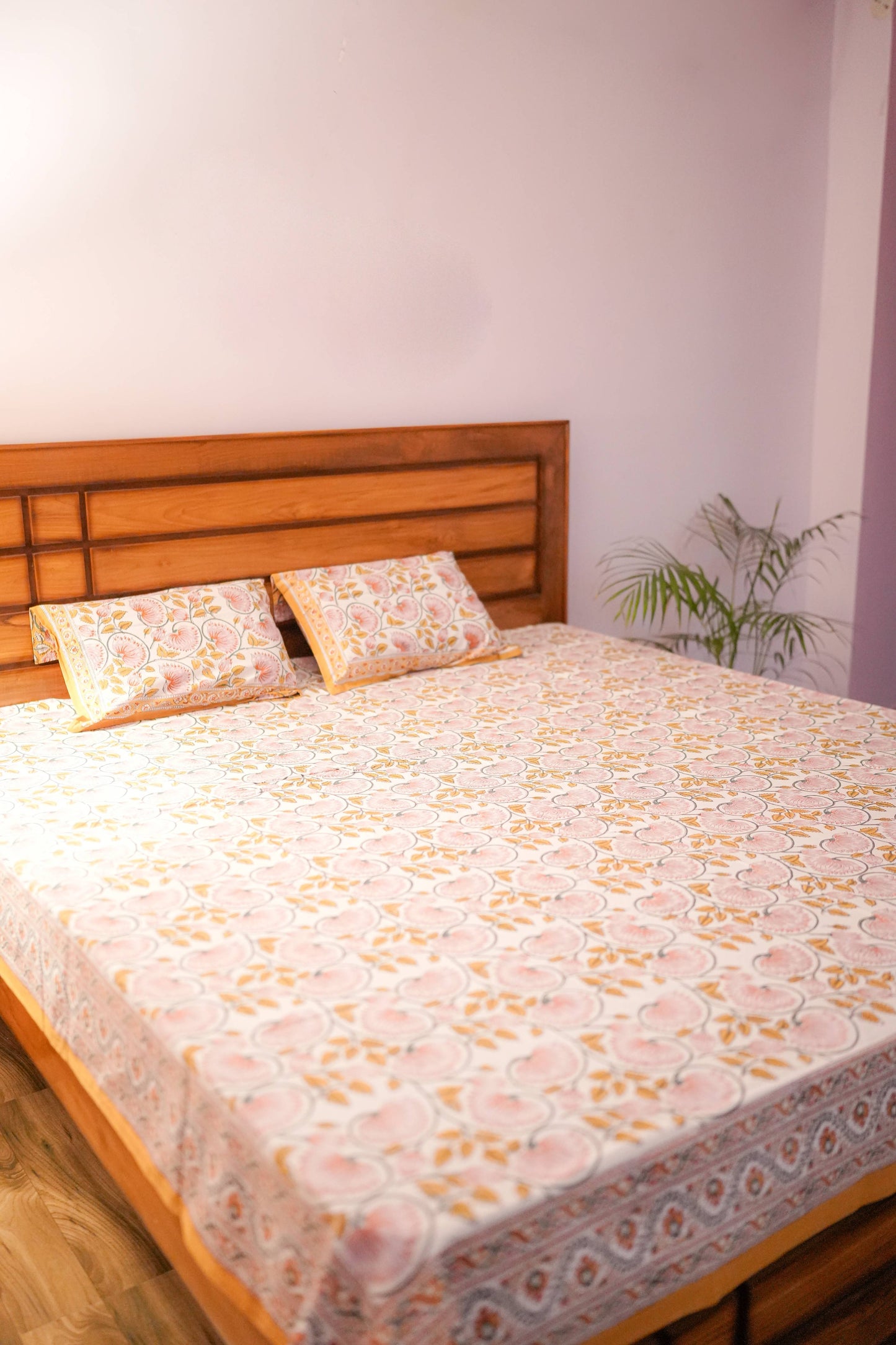 Yellow Floral Hand Block Cotton Bedsheet (White Base)