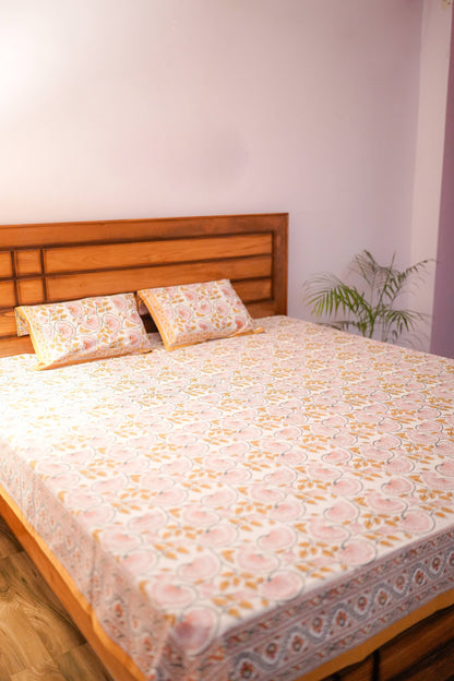 Yellow Floral Hand Block Cotton Bedsheet (White Base)