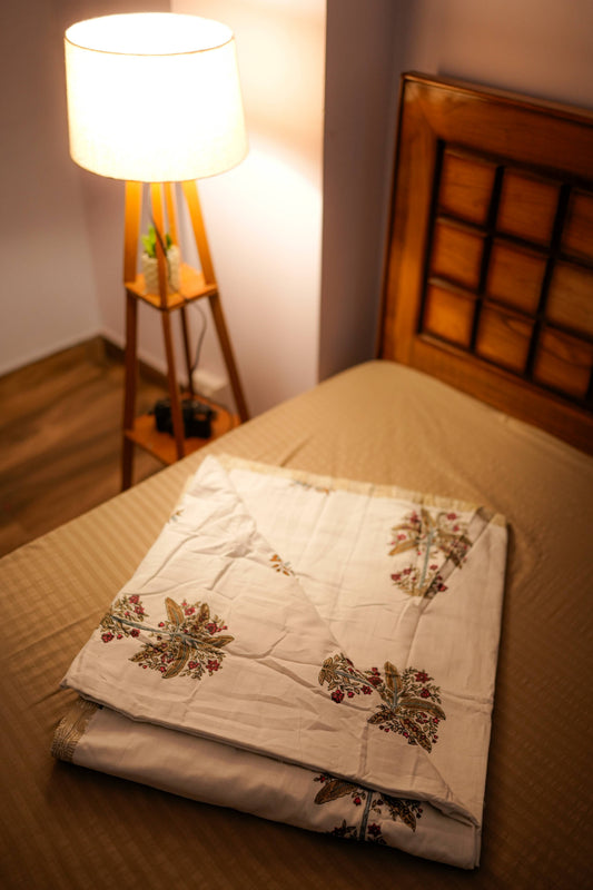 White Base Pink Floral Reversible Cotton Dohar (AC Blanket)