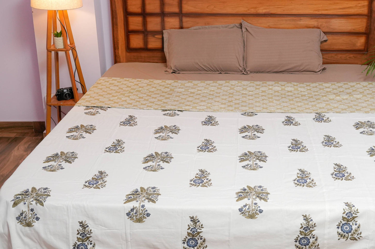 White Base Blue Floral Reversible Cotton Dohar (AC Blanket)