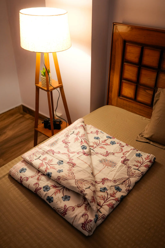 White Base Lattice Floral Reversible Cotton Dohar (AC Blanket)