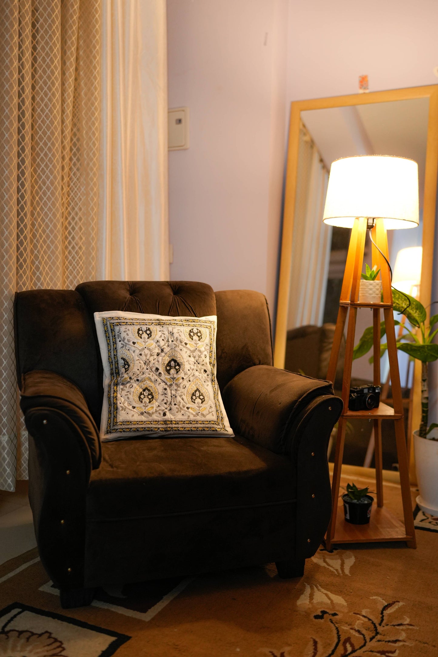 Grey Floral Hand Block Quilted Cushion Cover (Set of 5)