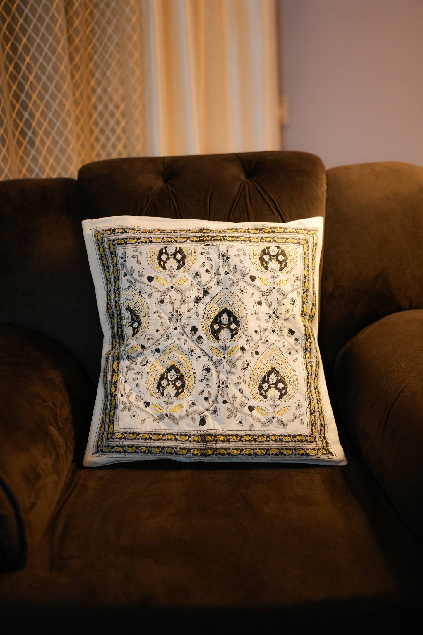 Grey Floral Hand Block Quilted Cushion Cover (Set of 5)