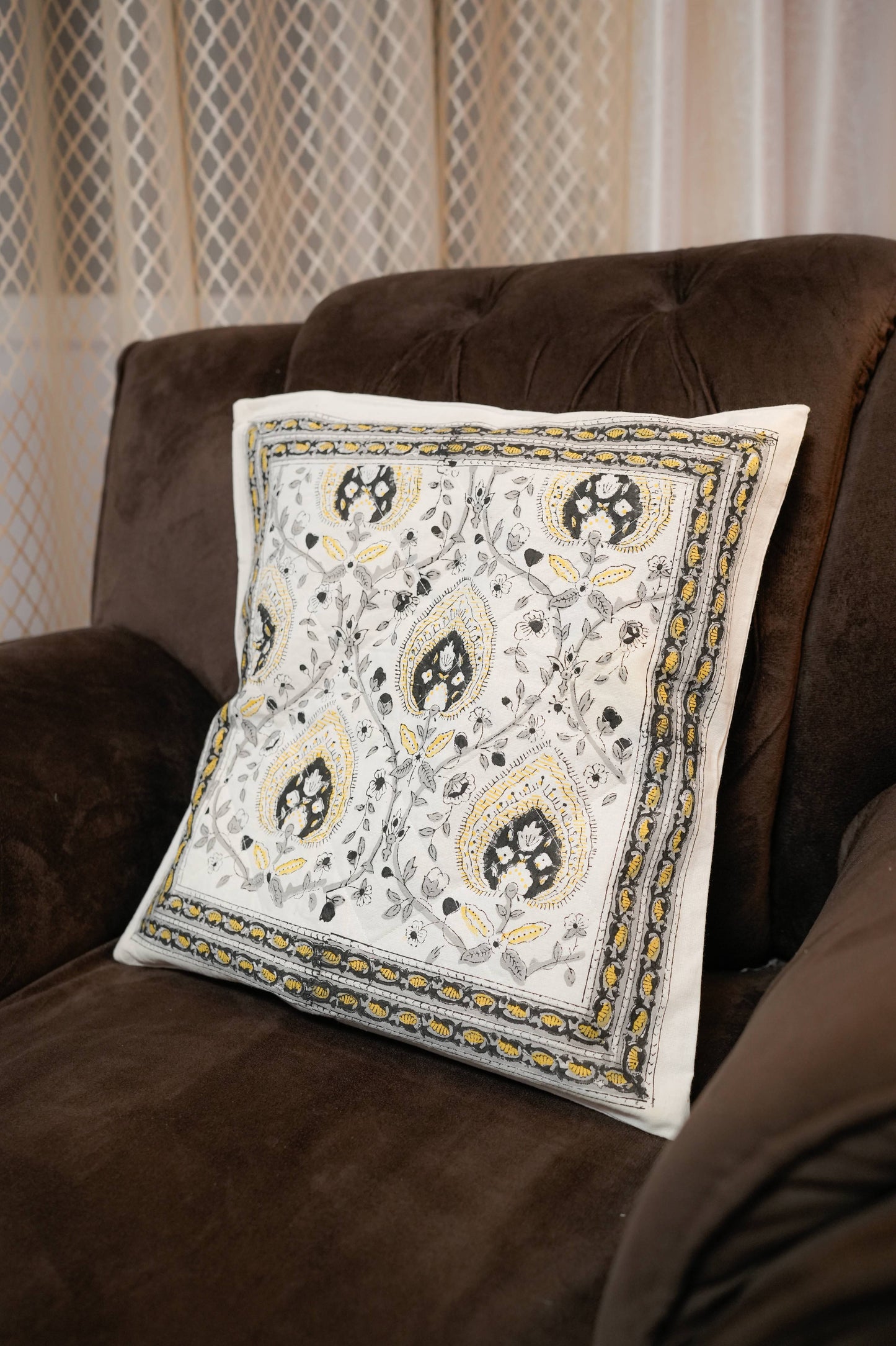 Grey Floral Hand Block Quilted Cushion Cover (Set of 5)