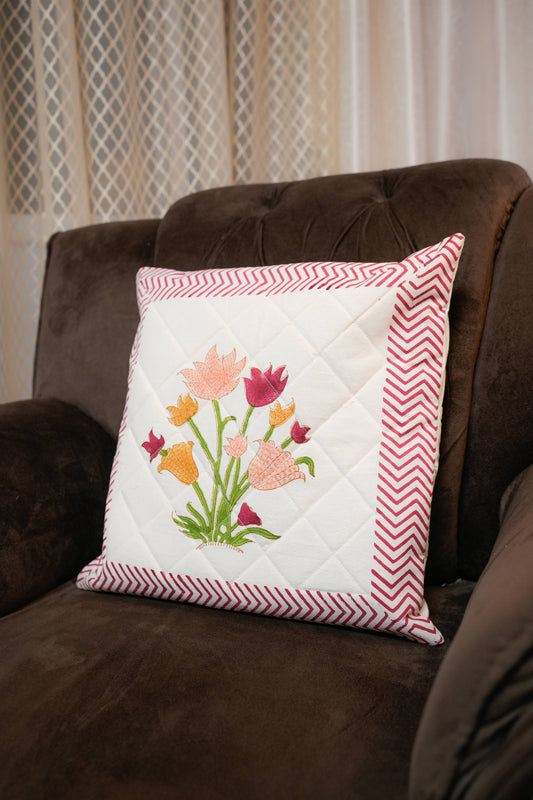 Floral Motif Hand Block Quilted Cushion Cover (Set of 5)